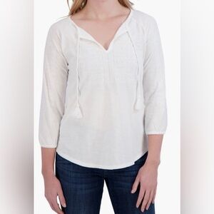 Lucky Brand women’s Size Large, white, tassel tie split neck top